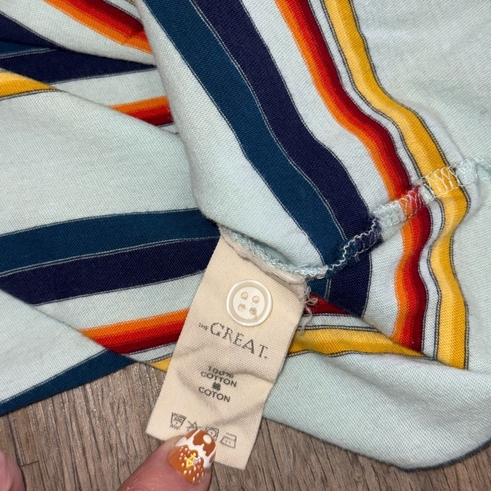 THE GREAT. Mint Striped Polo Tee with Navy, Red and Orange Stripes 1 - Picture 10 of 12